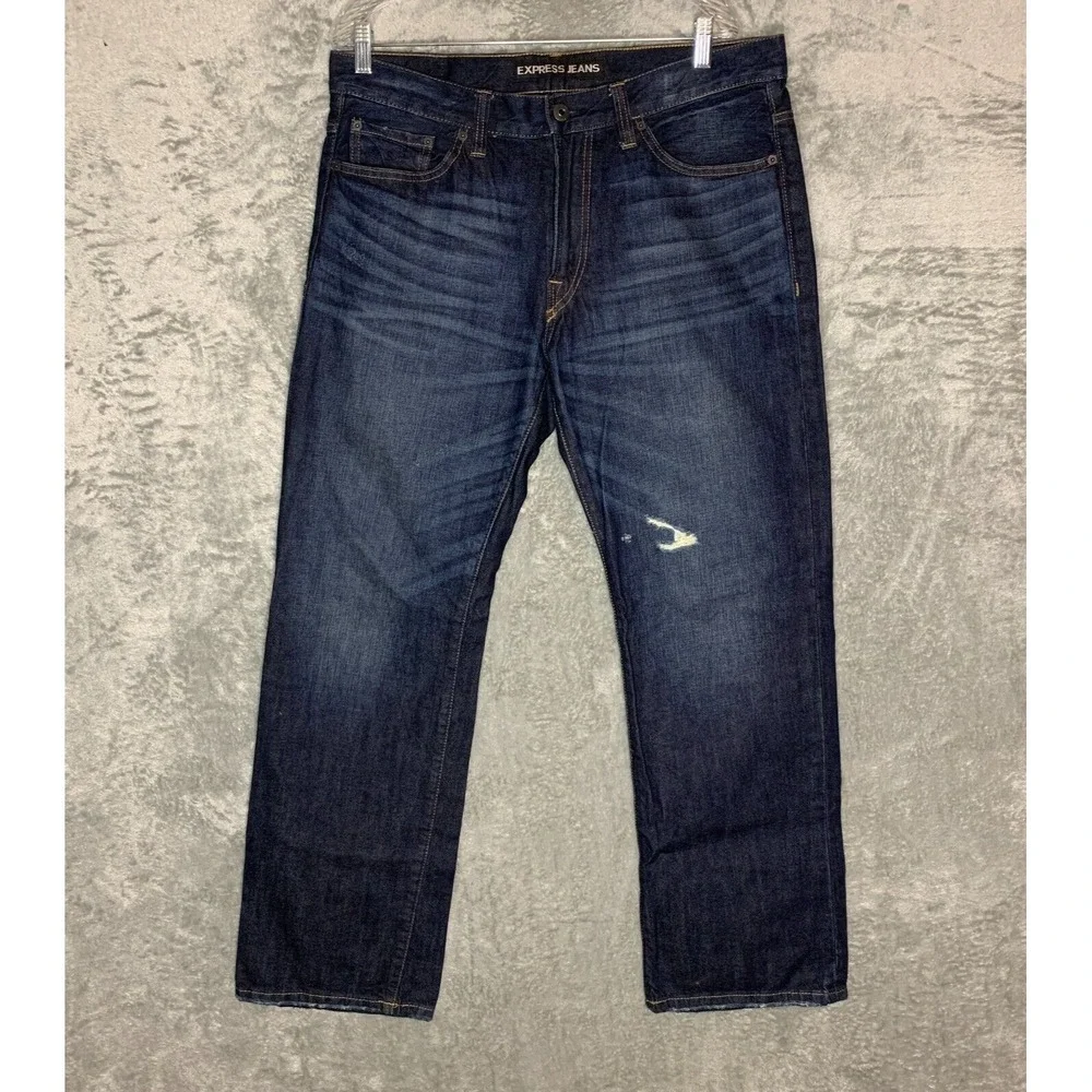 Express Men Blake Loose Fit Bootcut Dark Wash Mid Rise Denim Jeans 37x32*